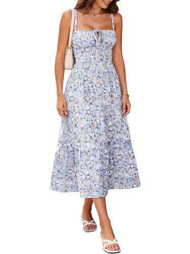 Image of Women's Casual Beach Vacation Dress with Pockets Flowy Aline Tiered Spaghetti Strap Lace Up Corset Midi Sundress for Summer