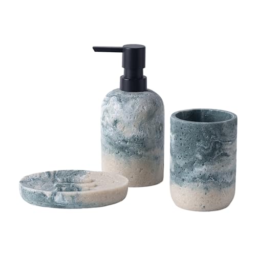 Badezimmer Set, 3 Teile Bad Set aus Seifenspender, Seifenschale u. Zahnbürstenhalter, Harz-Badezimmer-Sets 3 Stück (Grau-Grün)