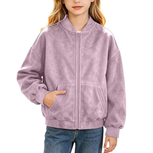 Girls Bomber Jackets Faux Suede Jacket Zip Up Coat with Pockets Size 4-15 | Soft Faux Suede Feel, bomber jacket girls, Full Zip, long Sleeves and Pockets for School, Outings and Everyday Wear - image 1