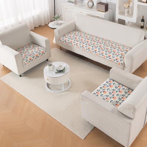 Image of HOKIPO Folk Garden Quilted Sofa Cover 5 Seater Set - Washable 3+1+1 Sofa Cover Mat with Tassel Design | 'Tassel Twigs' Series (IN-985-T9 + IN-982-T9*2)
