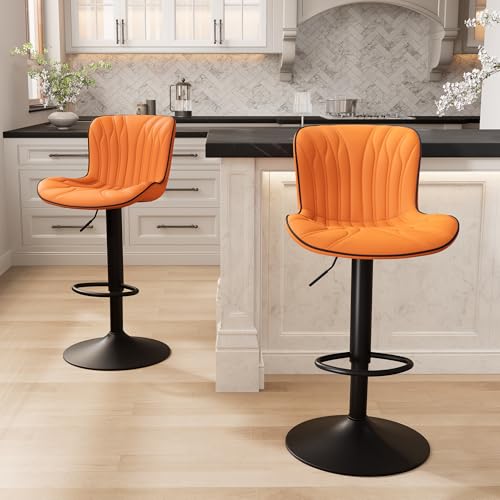 Image of Bar Stools Set of 2 Modern Kitchen Counter Chairs Swivel Barstools Orange | Faux leather upholstered island chairs with backs & metal base. Adjustable Height, easy to clean & load 300 lbs