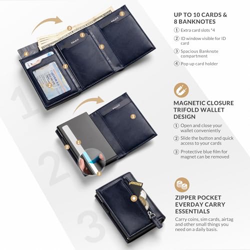 Image of VULKIT Men's Leather Card Holder Pop Up Cards With ID Window Wallet with Coin Pocket Magnetic Closure (Navy)