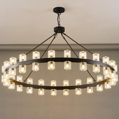 Image of 48 Inch Black Wagon Wheel Chandelier with Crystal Shade, Crystal Chandelier, Modern Farmhouse Style, Ideal for Dining Room, Kitchen, Entryways,48 Lights (Bulbs Included)