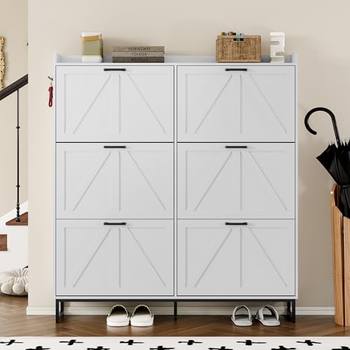 Image of BORNOON Shoe Cabinet with 6 Flip Drawers Narrow Shoe Storage Cabinet Organizer Wooden Freestanding Shoe Rack Hidden Slim Shoes Storage Cabinet for Entryway, Hallway, Living Room, Bedroom