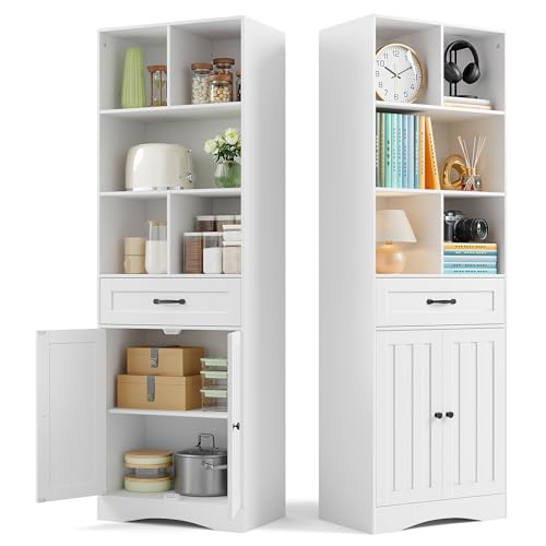 Gizoon Storage Cabinet, 71'' H Kitchen Storage Cabinet with Doors & Drawers, Kitchen Pantry with Adjustable Shelves, Anti-tip, Metal Handle, for Living Room, Office, Bathroom, White