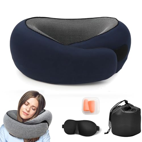 Vellaluna Travel Pillow for Airplane Neck Pillow for Travel Memory Cotton Travel Neck Pillow for Adults Adjustable Flight Pillow Ergonomic Neck Cushion With Ear Plugs Eye Mask Carry Bag (Blue)
