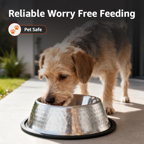 Image of Amazon Basics Stainless Steel Pet Feeding Bowls for Dog & Cats | Anti Slip Base | Hammering in SS Shiny - 900 ml