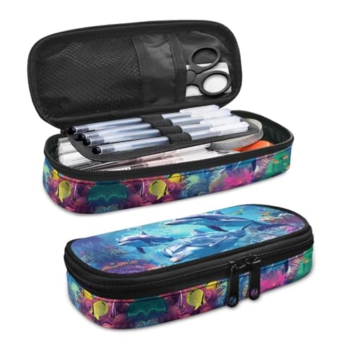 Image of Dolphin Pencil Case Kids Pen Holder for Girls Zipper Pencil Bag Stationery Organzier Storage Pouch with Compartment for Teen Girls Boys Teacher Student Women School Classroom