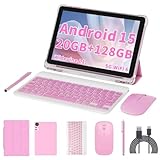 Android 15 Tablet 10 inch Tablets, 20GB RAM 128GB ROM 2TB Expandable, 2.0GHz Quad-core Processor, 2 in 1 Tablet with Keyboard Case Stylus Mouse, 5G WiFi6, BT 5.0, 6000mAh, Widevine L1, GMS, Pink