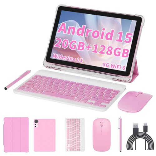Android 15 Tablet 10 inch Tablets, 20GB RAM 128GB ROM 2TB Expandable, 2.0GHz Quad-core Processor, 2 in 1 Tablet with Keyboard Case Stylus Mouse, 5G WiFi6, BT 5.0, 6000mAh, Widevine L1, GMS, Pink