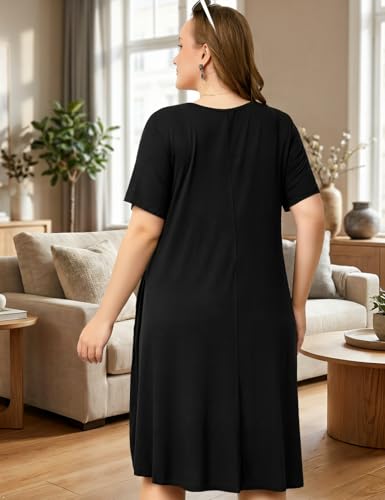 Image of OVERWORETY Womens Short Sleeve Plus Size T-Shirt Dress V Neck Casual Loose Swing A-Line Summer Tunic Dresses with Pockets