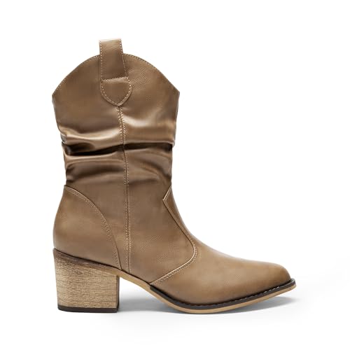 Dream Pairs Women'S Modern Western Cowboy Boots, Mid Calf Round Toe Chunky Heel Cowgirl Country Ankle Boots With Pull On Tabs,Size 7.5,Mocha,Sdmb2408W thumb #1