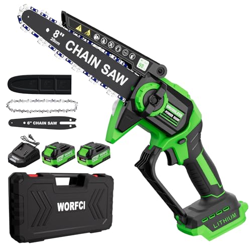 8 Pouces Mini Tronçonneuse Sans Balai Sans Fil, 2×3000mAh Batteries, Lubrification Automatique, Outil Jardinage Idéal pour Élagage Bois et Arbres