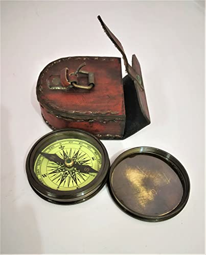 Brújula de bolsillo vintage de latón 1885 con estuche de cuero, herramienta de navegación antigua miniatura 4