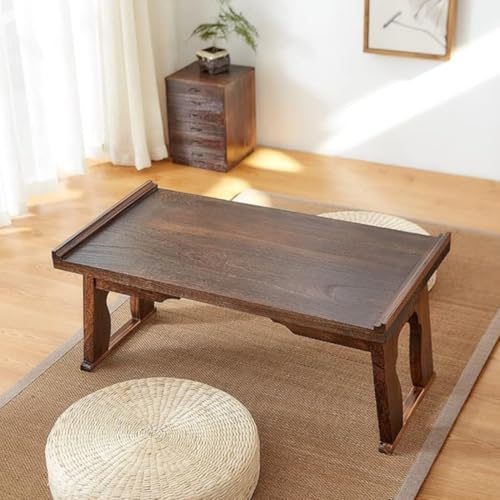 Image of Wooden Folding Coffee Table Small, Tatami Bay Window Solid Coffee Table, Dark Brown Wood, Table for Living Room Wooden 34D x 59.9W x 26.9H CM