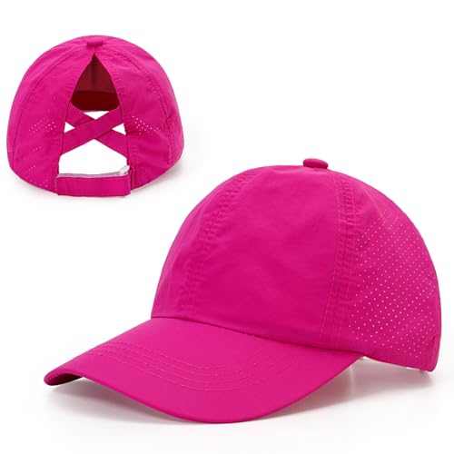 Tsyulog - Girls Criss Cross Ponytail Baseball Cap Adjustable Ponycap Quick Dry Toddler Trucker Hat Girls Hats for Kids Ages 4-8 Rose Red
