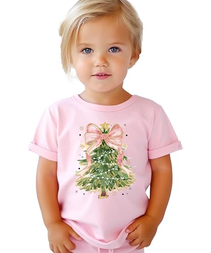 Christmas Tree with Pink Bow Topper Graphic Shirt for Women Teens and Girls Cute Holiday Tee2