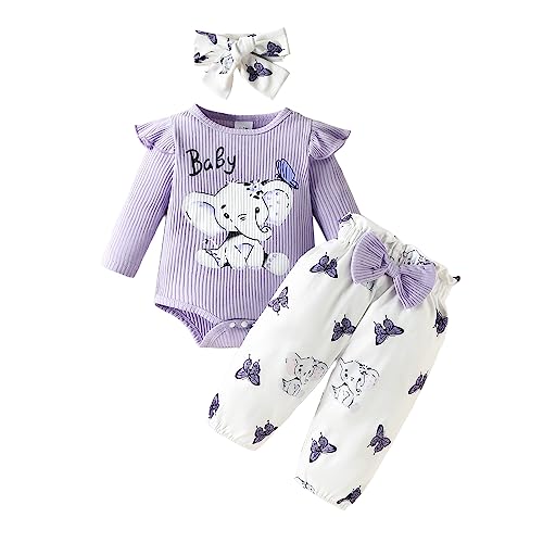 Image of Newborn Baby Girl Clothes Elephant Outfit Ruffle Long Sleeve Ribbed Romper Top Cute Bow Pants Set with Headband
