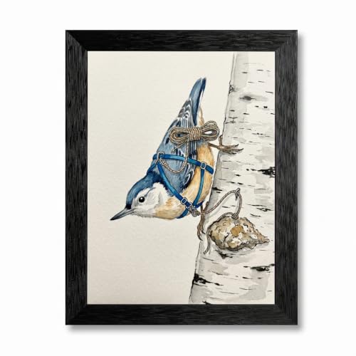 Framed Canvas Wall Art Whimsical Watercolor Nuthatch Bird Climbing Birch