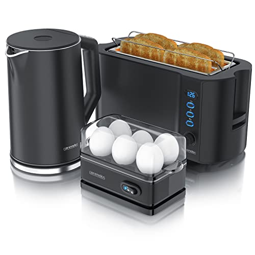 Arendo - Wasserkocher mit Toaster SET und Eierkocher, Edelstahl Schwarz Wasserkocher 1,5L 40° - 100°C, Toaster 4 Scheiben LED-Display 6 Bräunungsgrade Eierkocher 1-6 Eier Messbecher BPA frei