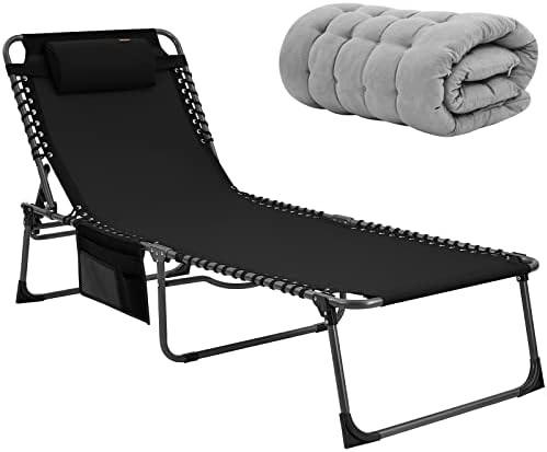 KingCamp Oversized Adjustable Folding Chaise Lounge Chair with Mattress for Outdoor Patio Beach Lawn Pool Sunbathing Tanning, Heavy Duty Portable Camping Recliner with Pillow, Supports 330lbs, Black
