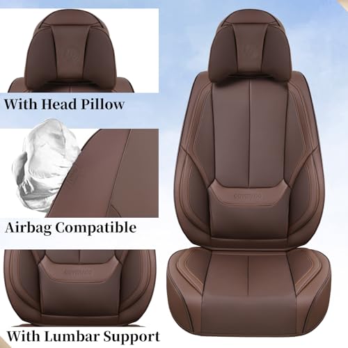 Image of Coverado Front and Back Seat Covers 5 Pieces, Waterproof Nappa Leather Auto Seat Protectors Full Set with Head Pillow, Universal Car Accessories Fit for Most Sedans SUV Pick-up Truck, Brown
