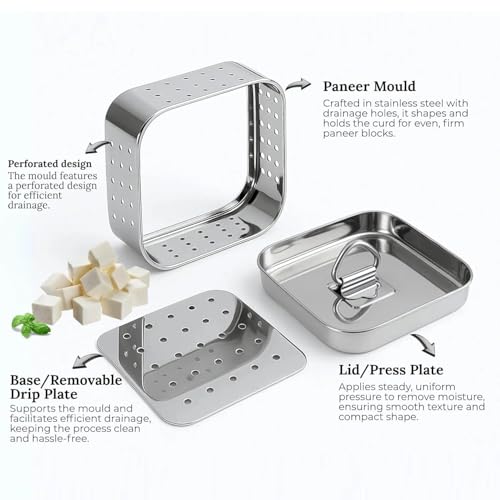 Image of Fortuna Paneer Maker (300ml) | Stainless Steel Paneer Press with Strainer | Square Paneer Mould Press Box | Paneer Press Machine for Homemade Paneer & Tofu | Steel Paneer Making Mould, Small
