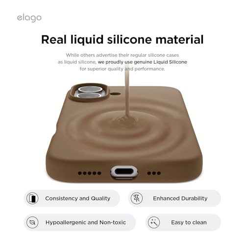 Image of elago Compatible with iPhone 16 Case, Premium Liquid Silicone Case, Full Body Protective Cover, Shockproof, Slim Phone Case, Anti-Scratch Soft Microfiber Lining, 6.1 inch (Brown)