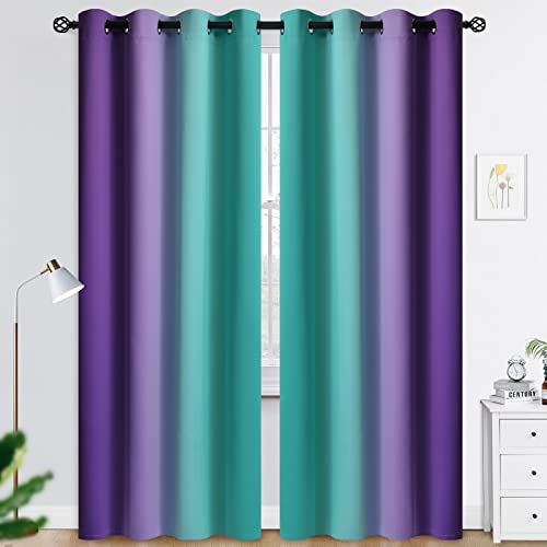 COSVIYA Grommet Ombre Room Darkening Curtains 84 inches Length for Living Room, Polyester Light Blocking Teal and Purple Gradient Window Drapes/Curtains for Kids/Girls Bedroom,2 Panels, 52x84inches