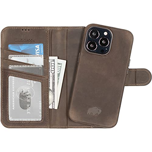 BlackBrook Case MagSafe Compatible Wallet for iPhone 13 Pro - Carson Natural Leather Wallet Case for iPhone 13 Pro - Luxurious & Elegant Magnetic Snap-on Flip Cover with Kickstand & Stronger Magnets