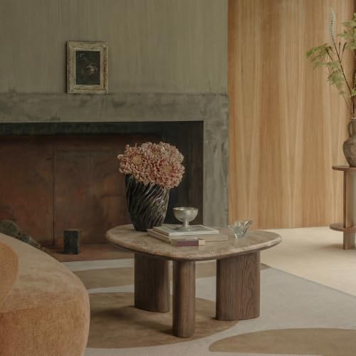 MIREO Marble Top Coffee Table, Organic Shaped Oval Center Table with Walnut Wood Legs, Modern Minimalist Living Room Furniture for Contemporary Home Decor