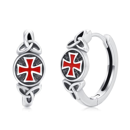 Knights Templar Earrings for Women Men 925 Sterling Silver Knights Cross Hoop Earrings Amulet Religious Jewelry Christmas Gifts