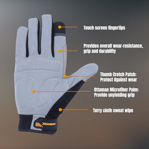 Image of POWERTEC Safety Work Gloves | Work Gloves for Men and Women, Touch Screen, Flexible Breathable, Fit Padded Palm for Vibration Reduction, For Construction, Mechanical work & Light work 1 Pair (Size XL)