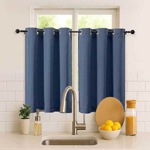 Image of Simplebrand Denim Short Cafe Curtains 36 Inch Length 2 Panels Set, Half Window Grommet Privacy Drape Tiers for Kitchen, Thermal Insulated Room Darkening Curtains for Bathroom Shades, W40 x L36