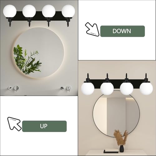 Image of Yaohong Bathroom Light Fixtures Over Mirror, 4-Light Matte Black Vanity Light with Milk White Globe Glass Shade, Mid Century Modern Vanity Lighting Fixtures