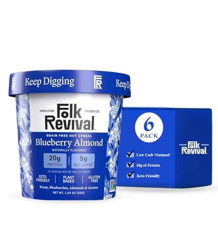 Folk Revival Blueberry Almond Keto Instant Oatmeal - 20g Protein, 5g Net Carbs, High Fiber, Non GMO, Gluten Free, Made with Acorns - 6 Cups Per Case