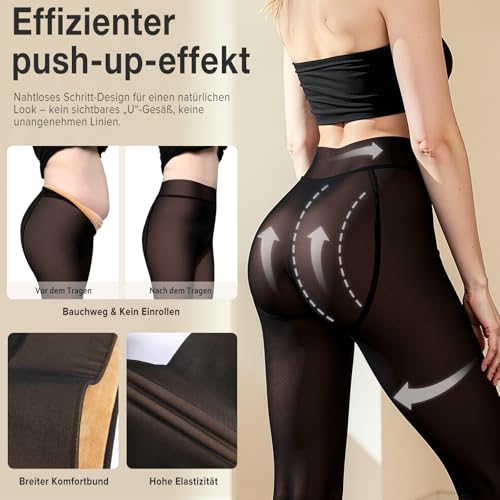 KISSCAT Thermo Strumpfhose Damen, Strumpfhosen Damen Winter, Warme Strumpfhose Damen Gefütterte Strumpfhose (DE/NL/SE/PL, Alphanumerisch, M, L, Regular, Regular, Transluzentes Schwarz)