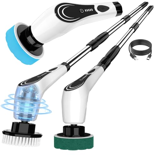 Image of Electric Spin Scrubber, Cordless Power Scrubber with 7 Replaceable Brush Heads, 2-Speed Adjustable Handle, IPX7 Waterproof Shower Scrubber for Bathroom, Tile, Tub, White-rx2