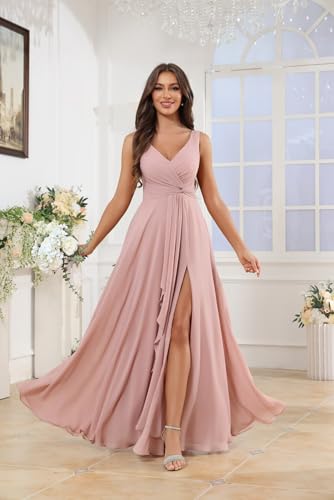 Women's V Neck Chiffon Bridesmaid Dresses with Slit Ruffle Long Pleated Formal Wedding Guest Dress3