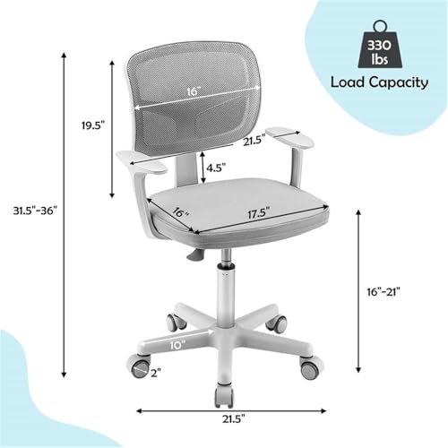 Image of Pemberly Row Kids Study Chair, Adjustable Height 31.5 inch-36 inch, Mesh Back, Padded Armrests, Auto Brake Casters, Y-Shaped Lumbar Support, Swivel Seat, Gray Upholstery, Comfortable Chair for Children