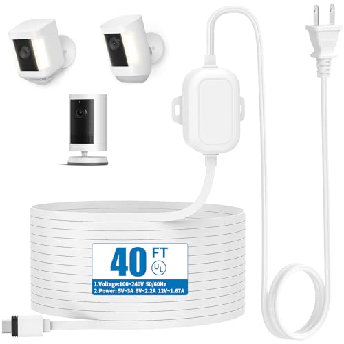 Weatherproof Power Cord for Ring Outdoor Cam Plus/Ring Spotlight Cam Plus/Pro (Battery) 40Ft USB-C Flat Outdoor Charging Cable Continuously Power Your Camera White