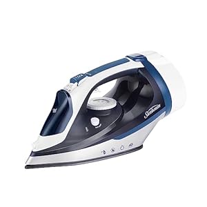 Sunbeam 1700W Steam Iron, 8′ Retractable Cord, Variable Temperature Select, Non-Stick Soleplate, Dual Spray Mist, Horizontal or Vertical Shot of Steam Feature, 3-Way Auto-Off, Blue and White