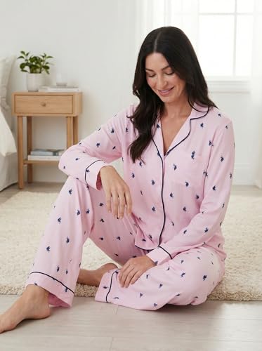 Image of U.S. POLO ASSN. Womens Lightweight Notch Collar Pajama Set | Classic Button Down Pajamas for Women with Long Sleeve Top and Pajama Pants