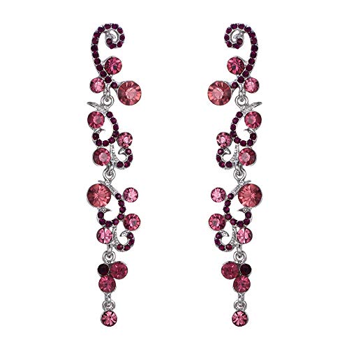 EVER FAITH Bridal Austrian Crystal Flower Wave Gorgeous Dangle Earrings Fuchsia Silver-Tone