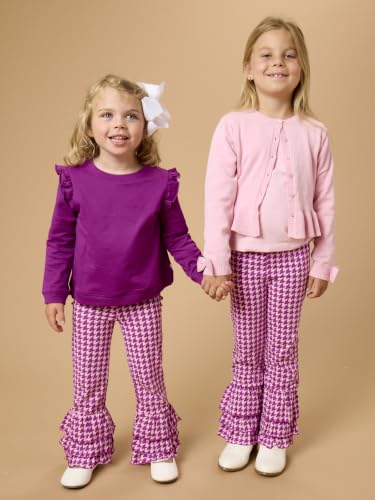 Image of RuffleButts Baby Girls Stretchy Flare - Ruffle Pants | 95% Cotton 5% Spandex, Breathable Fabric, Elastic Waistband, Relaxed Fit, Pleated Front, Long Length, Infant Apparel