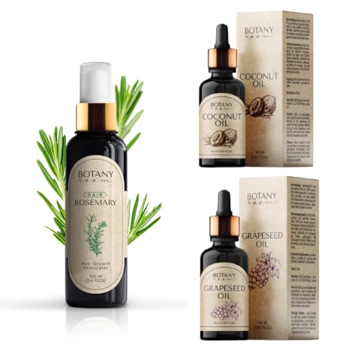 BotanyRoom® Kit de cuidado del cabello, aceite de coco 100% sin perfume, aceite de semilla de uva, romero para el crecimiento y la regeneración del cabello