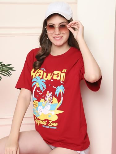 Image of Fabflee Oversized Cotton Baggy Drop Shoulder Graphic Tee with Half Sleeves | Korean Casual Loose T-Shirt for Women
