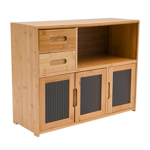 GUJIFENG Bamboo Kitchen Storage Cabinet with Drawers Pantry Sideboard with