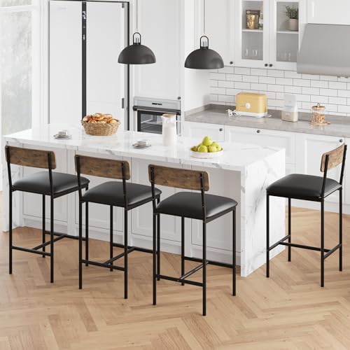 GarveeLife 25.5" Bar Stools Set of 4 with Backrest and Footrest, Counter Height Upholstered Barstools with Wide Seat, Faux Leather Bar Chairs for Home