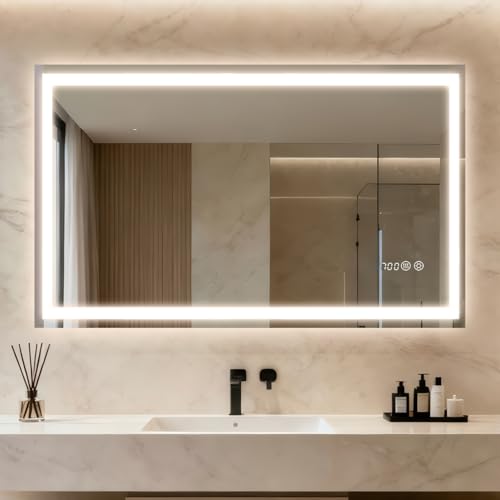 Clevich Badspiegel mit Beleuchtung und Uhr 100×60 cm, LED Spiegel mit 3 Lichtfarben dimmbar, gehärtetes Glas und Digitaluhr, Touch-Schalter, Memory-Funktion, beschlagfrei, Badezimmerspiegel mit Licht